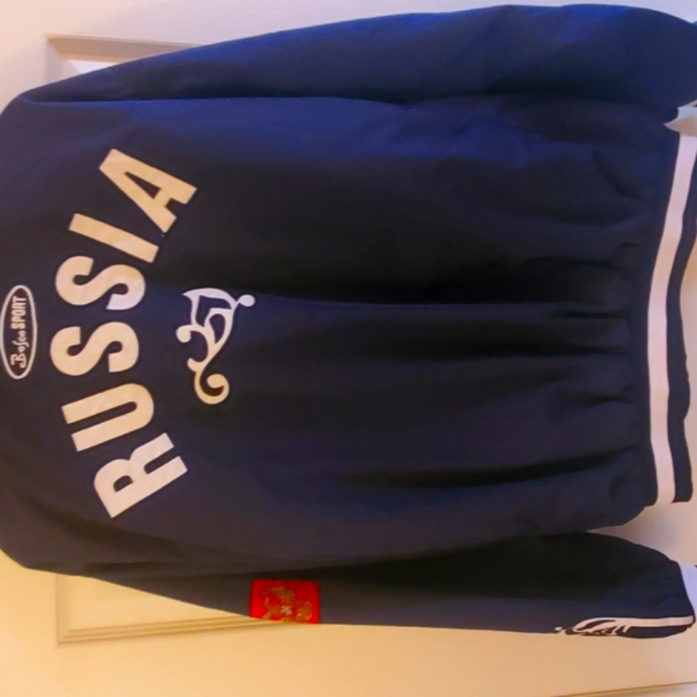 Navy Jacket with Russia Text and White Details